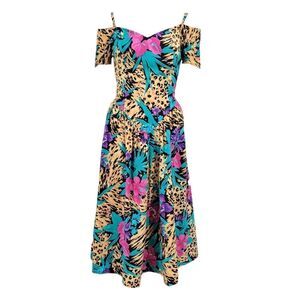 SMW 80s Vintage Drop Waist Off the Shoulder Leopard Cheetah Tropical Dress